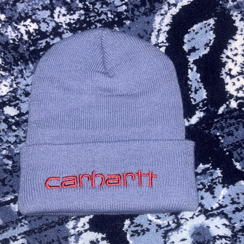 Carhartt Heather Blue Knit Cap with Red Embroidery